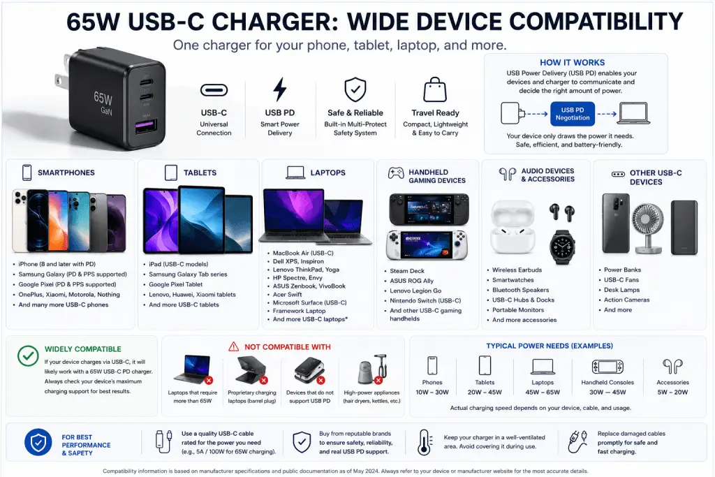 Phones, tablets, laptops, and handheld gaming devices compatible with USB-C PD charging