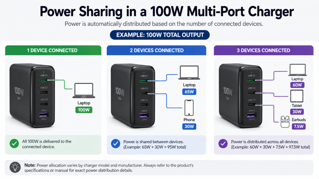 Illustration of power allocation in a 100W multi-port USB-C charger.