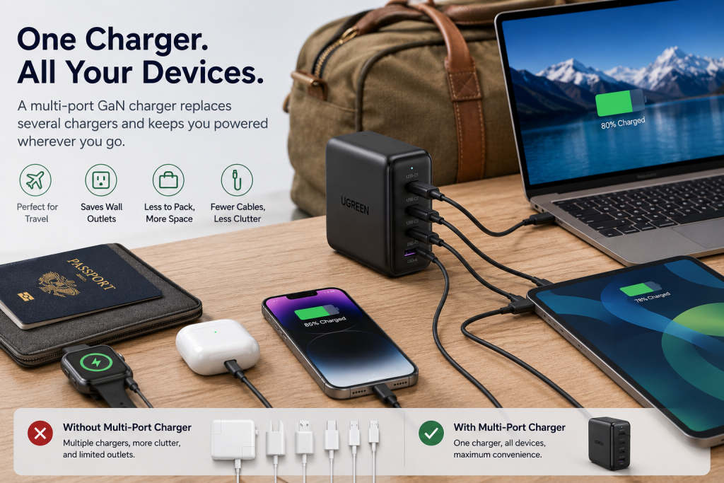 Multi-port GaN charger charging a laptop, smartphone, earbuds, and smartwatch during travel.