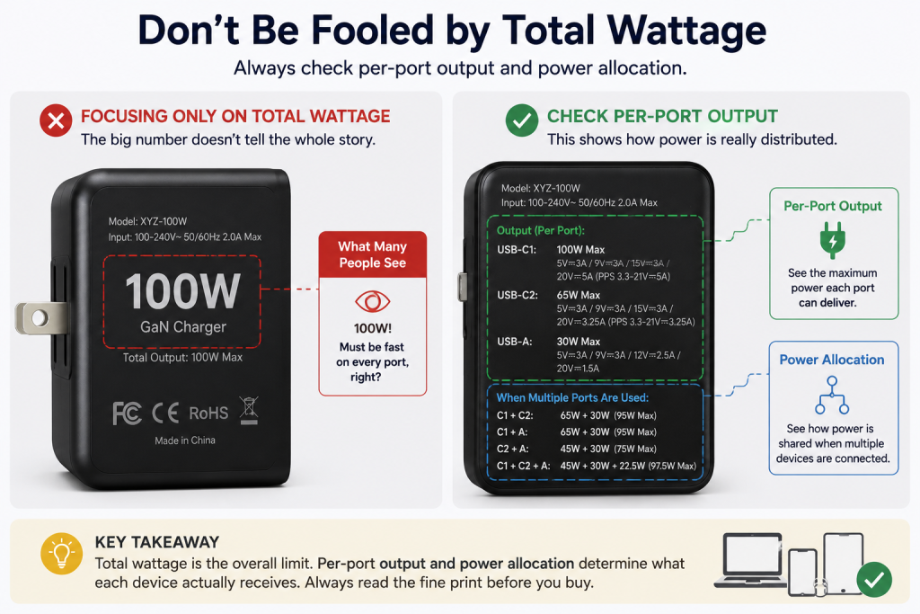 Charger specification label showing total output and per-port power ratings.
