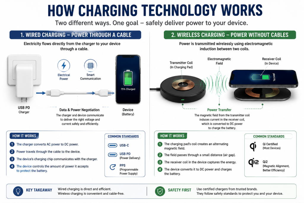 Diagram showing wired charging and Qi wireless charging