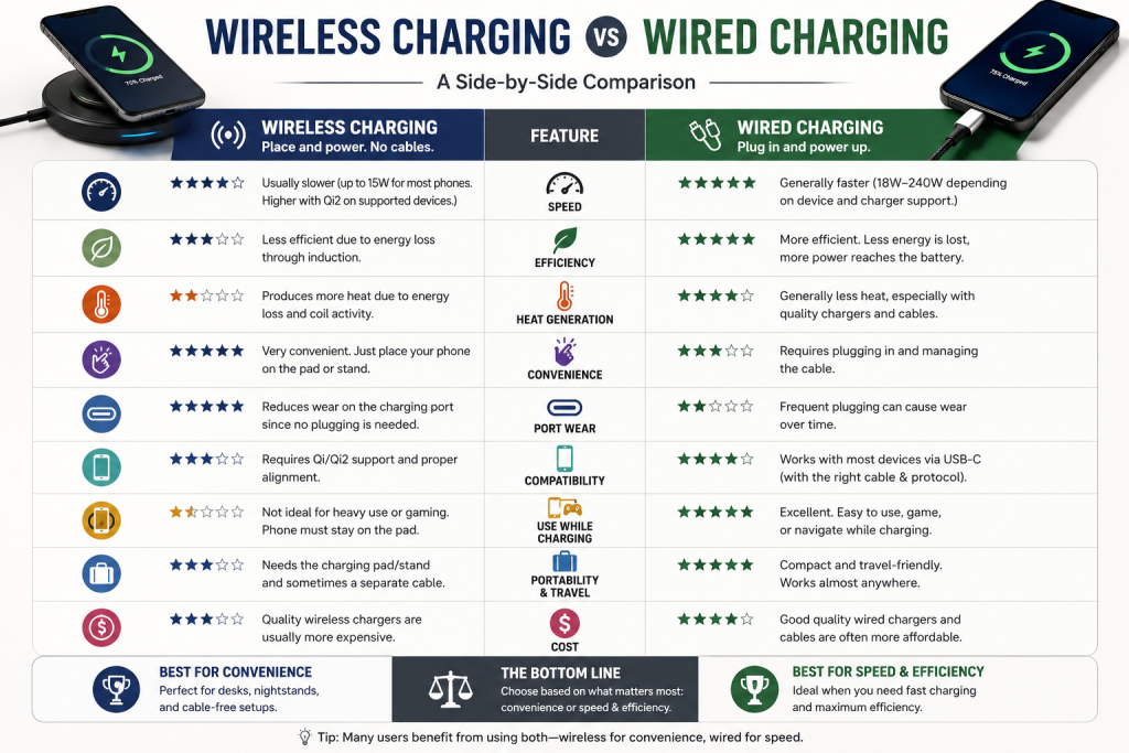 Comparison chart of wireless and wired charging features