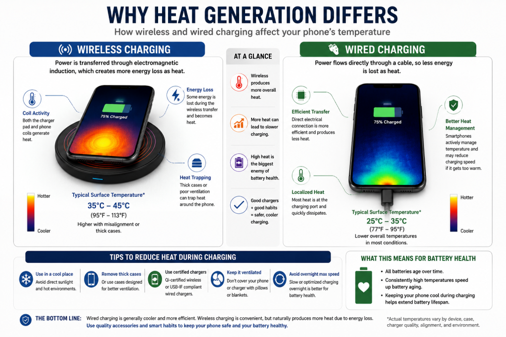 Illustration showing battery heat during wired and wireless charging