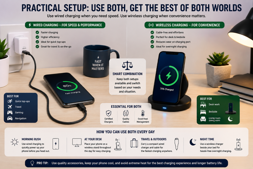 Desk setup with wired charger and Qi wireless charging stand-wireless vs wired charging