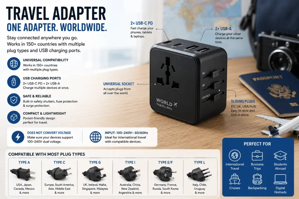 Universal travel adapter with multiple plug types