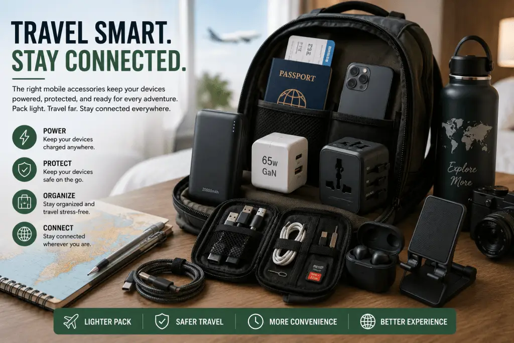 Mobile travel essentials ready for a trip