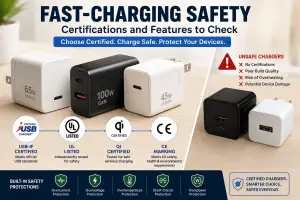 Fast charger safety certifications including USB-IF, UL, CE, and Qi