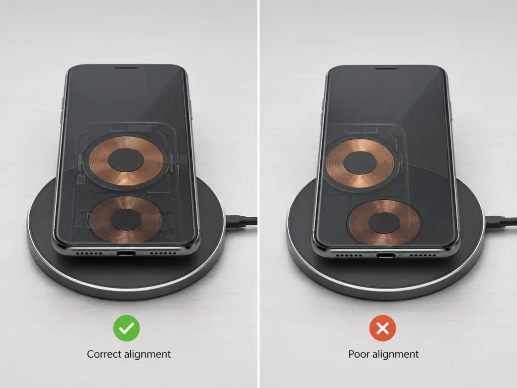 Correct and incorrect wireless charging coil alignment