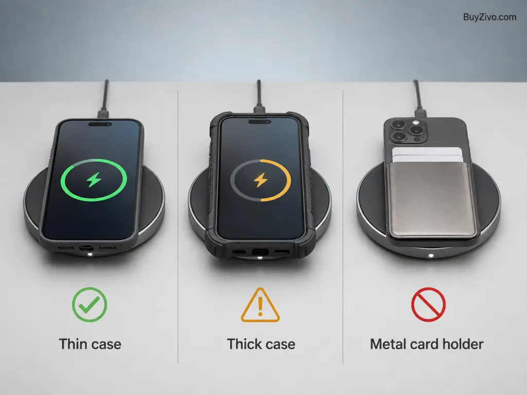 Wireless charging with a thin case, thick case and metal card holder