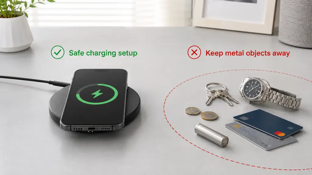Safe wireless charging setup with ventilation and no metal objects