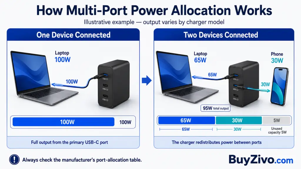 Example of multi-port charger power sharing between a laptop and phone