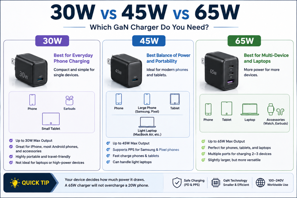 30W vs 45W vs 65W GaN charger comparison
