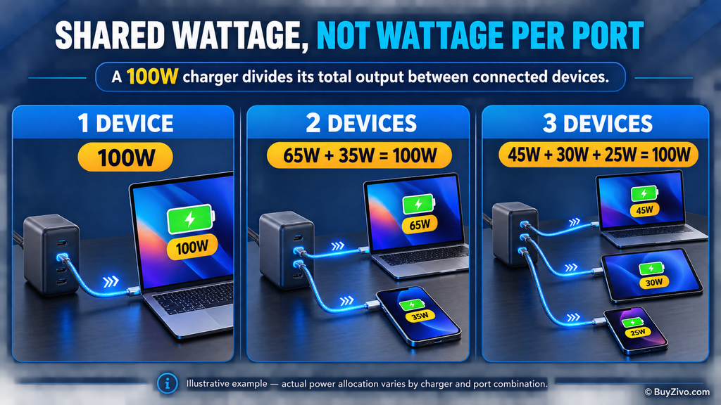 Example showing how a 100W multi-port USB-C charger shares power across one, two, and three connected devices