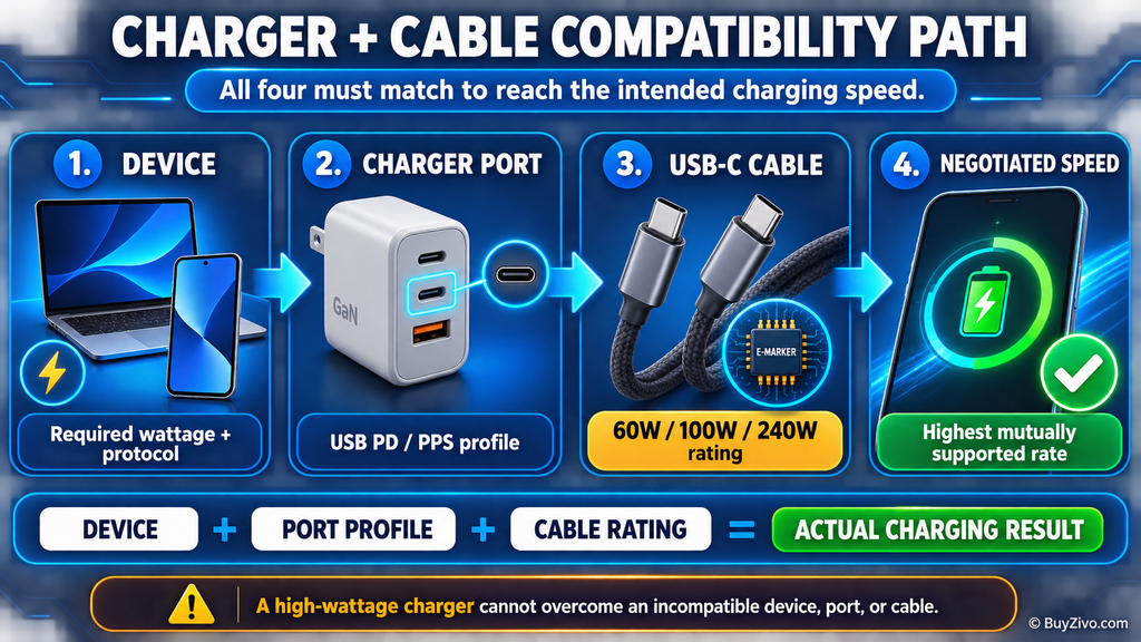 USB-C charging compatibility depends on the device, charger port profile, cable rating, and mutually supported charging speed.