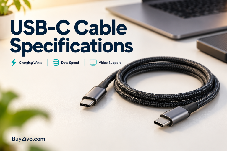 USB-C cable specifications covering charging watts, data speed and video support.
