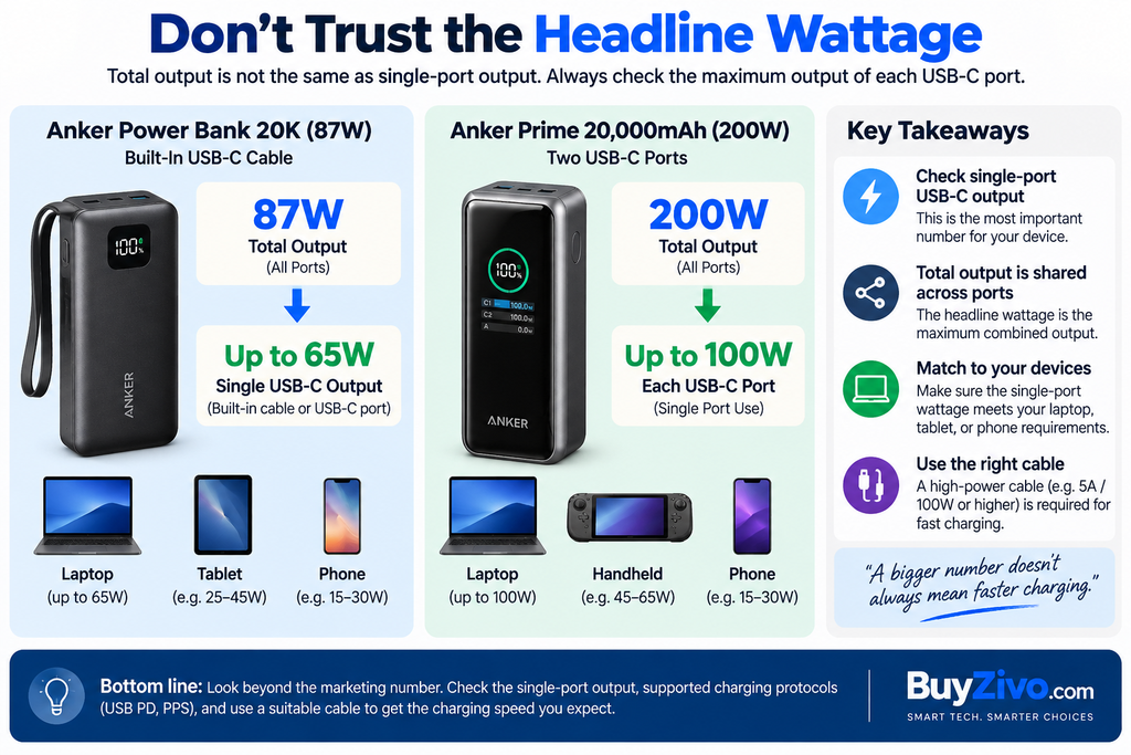 USB-C power bank total wattage versus single-port charging output