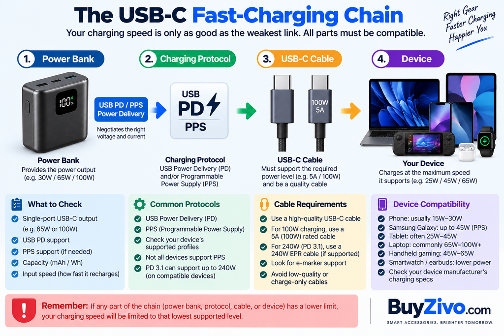 USB-C power bank fast charging compatibility chain showing power bank cable and device