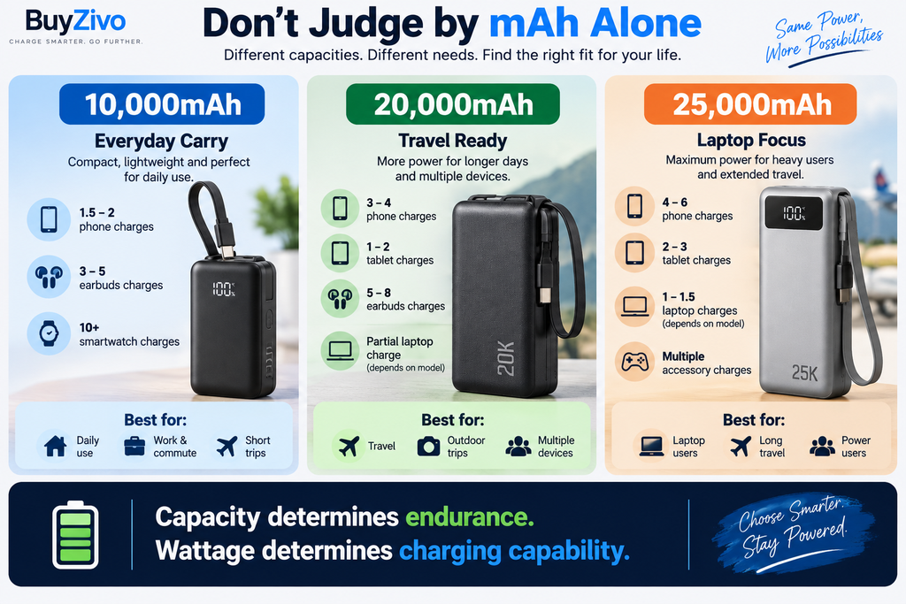 10,000mAh vs 20,000mAh vs 25,000mAh power bank capacity comparison
