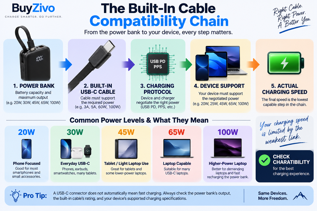 Power bank built-in USB-C cable fast charging compatibility chain