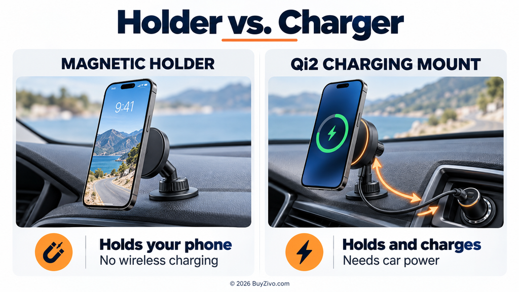 Difference between a magnetic car phone holder and a Qi2 charging mount