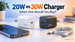20W and 30W USB-C chargers beside a smartphone and charging cable.
