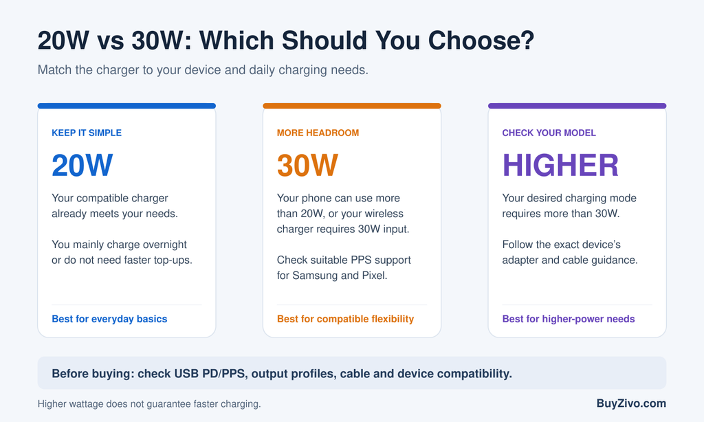Guide to choosing a 20W, 30W or higher-wattage phone charger.
Compare 20W vs 30W chargers